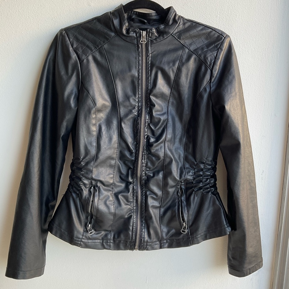 Miss Lili Black Faux Leather Moto Jacket with Ruched Details